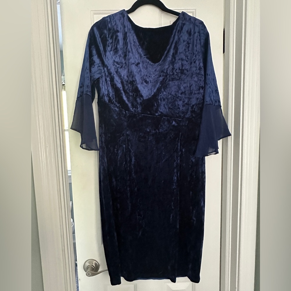Connected Apparel Size 12 Blue Velvet Bell Sleeve Shirred Bodice Dress